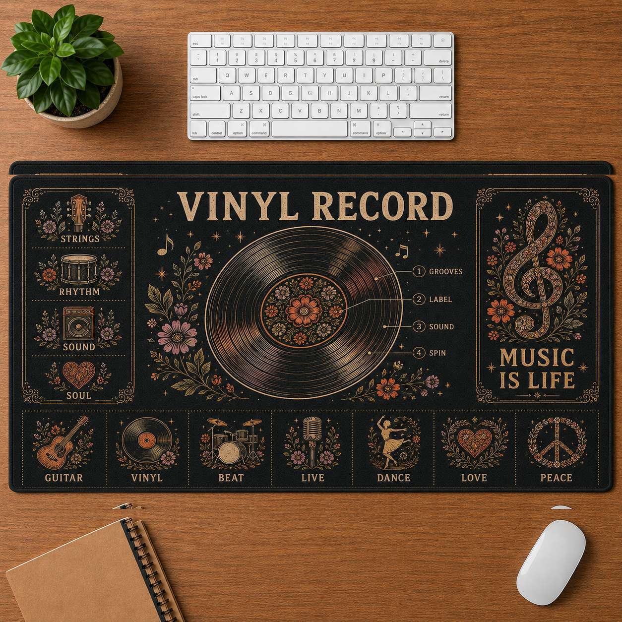 Retro Headphones Hippie Desk Mat Mouse Pad | 5To9Vibe - Vinyl Record style