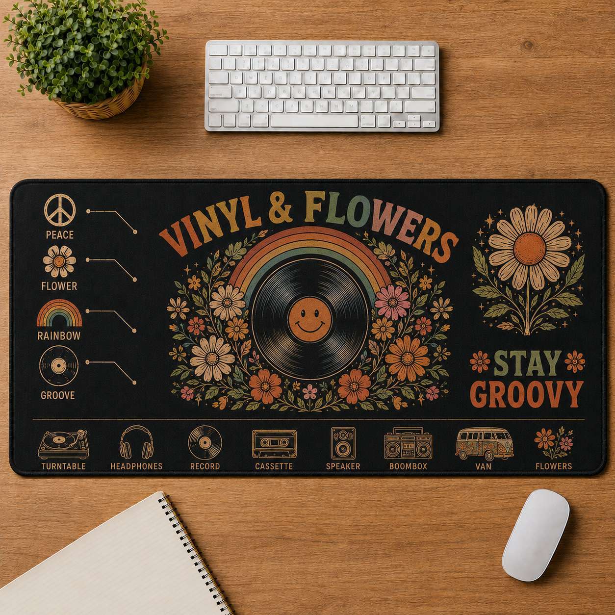 Smiley Face Hippie Desk Mat Mouse Pad | 5To9Vibe - Vinyl & Flowers style