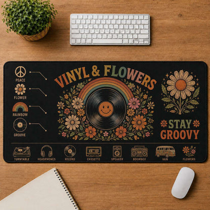 Smiley Face Hippie Desk Mat Mouse Pad | 5To9Vibe - Vinyl & Flowers style