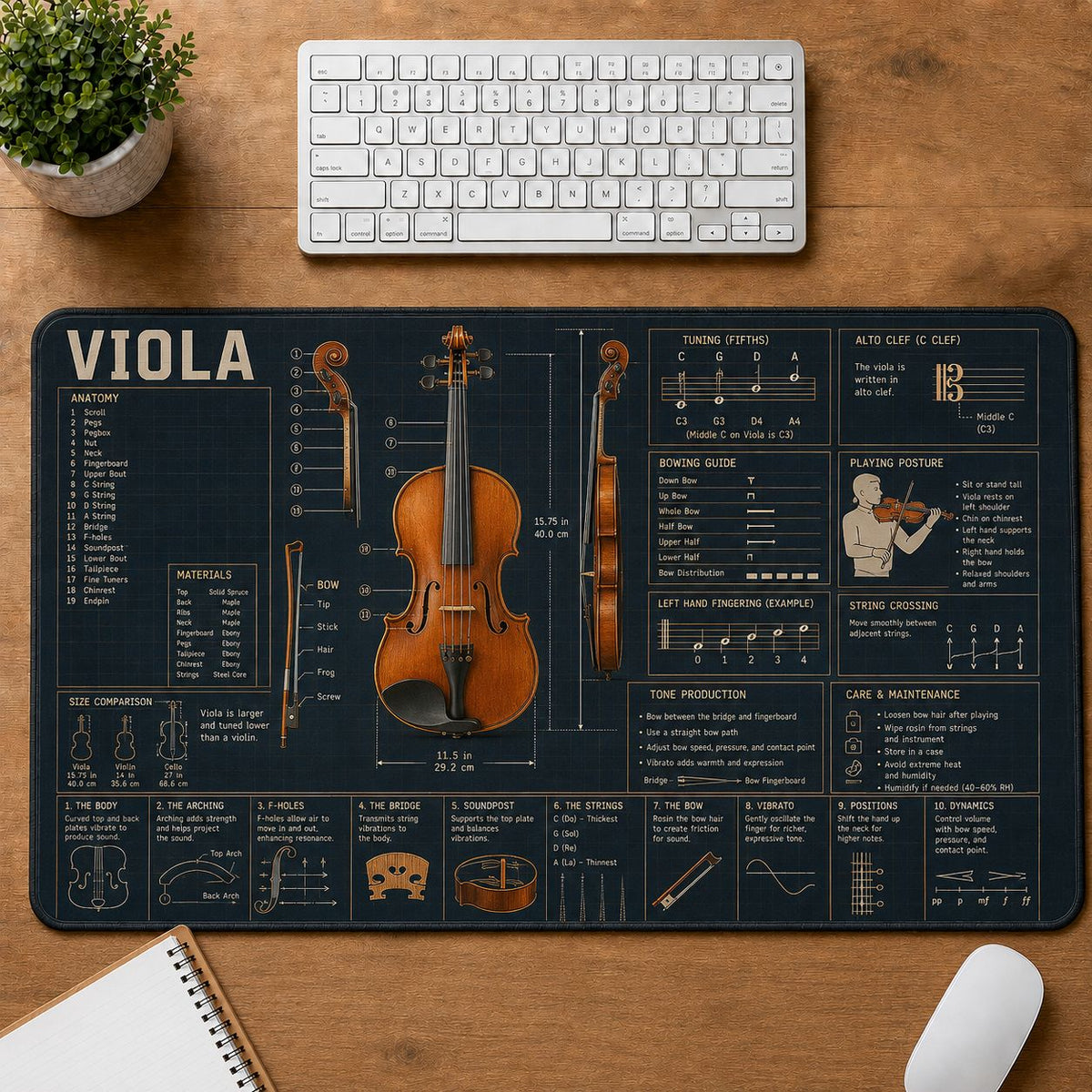 Viola Musical Instrument Blueprint Guide Desk Mat | 5To9Vibe
