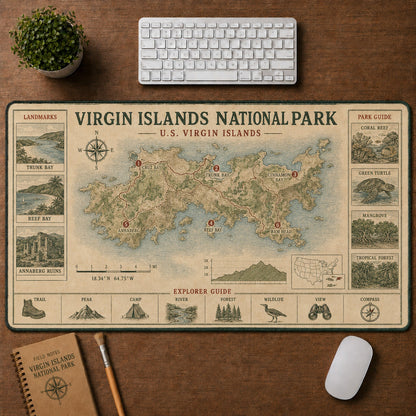 Virgin Islands National Park Vintage Topographic Park Map Explorer Guide Desk Mat | 5To9Vibe