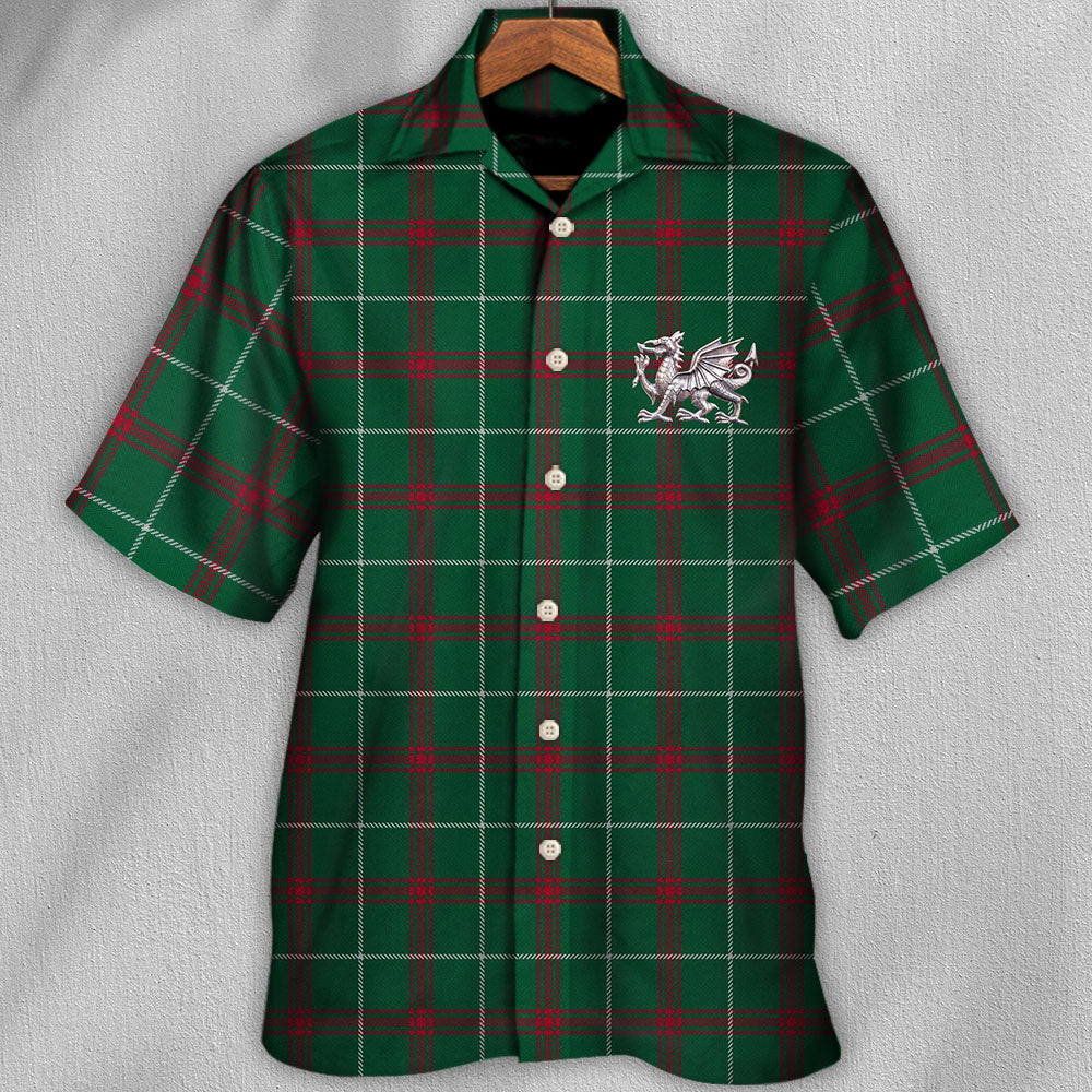 Tartan Wales Symbol Flag Green Color - Unisex Hawaiian Shirt For Men and Women