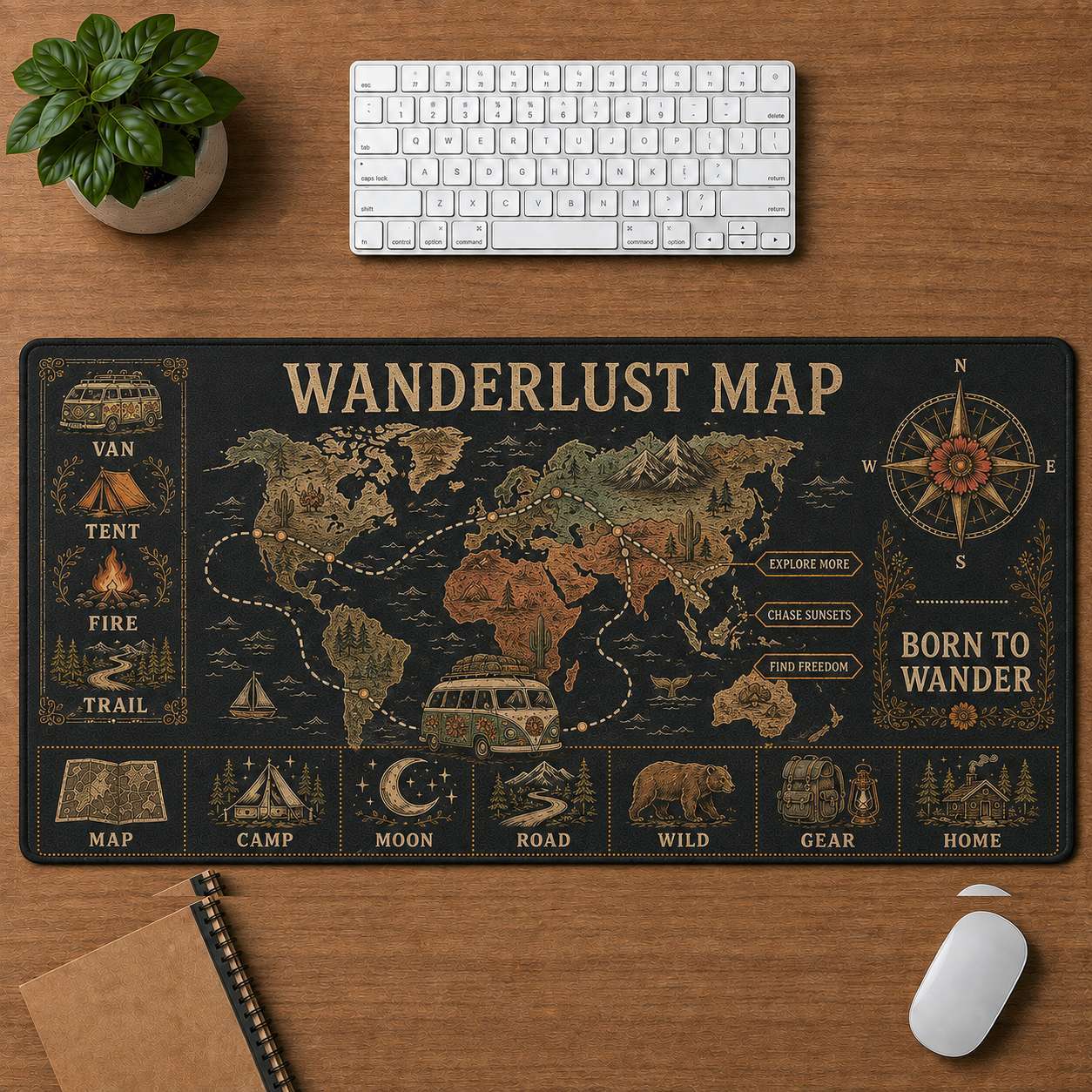 Mountain Camping Hippie Desk Mat Mouse Pad | 5To9Vibe - Wanderlust Map style