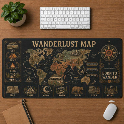 Mountain Camping Hippie Desk Mat Mouse Pad | 5To9Vibe - Wanderlust Map style