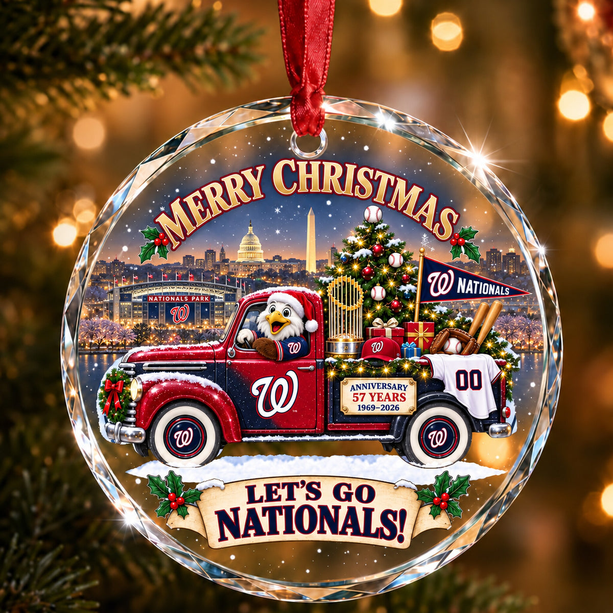 All Baseball Teams Christmas Truck Round Glass Ornament  With Red Gift Box | 5to9vibe