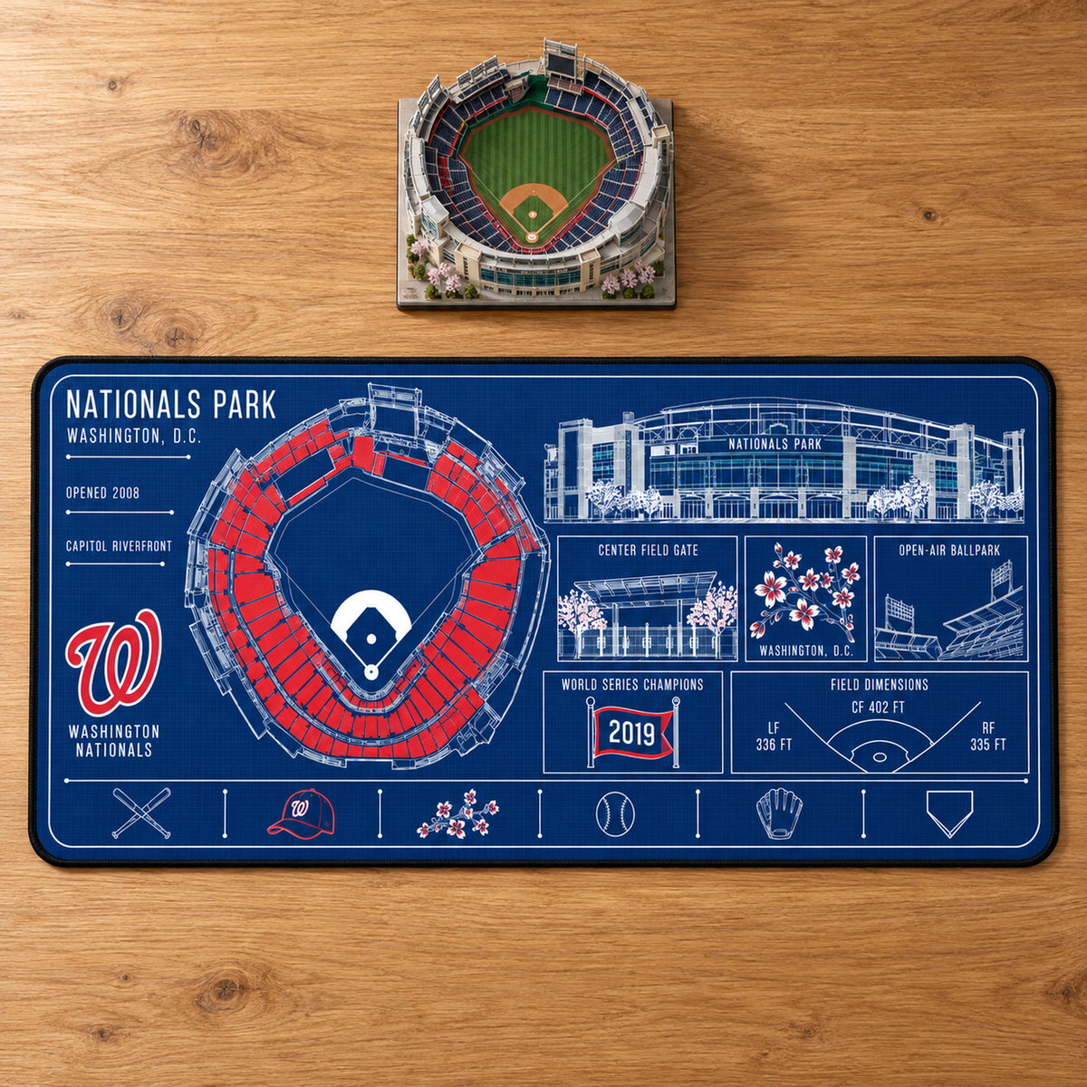Washington Nationals Nationals Park blueprint desk mat, 16" x 32", on a wooden desk with a decorative stadium model