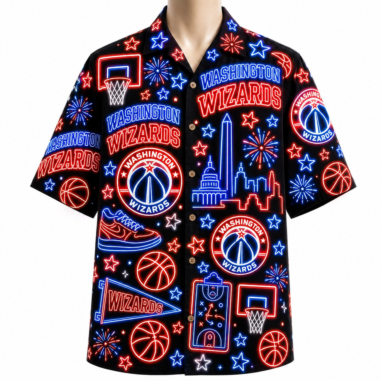 All Basketball Teams Neon Pattern Vibe Summer Party Button-Up Unisex Hawaiian Shirt For Men and Women