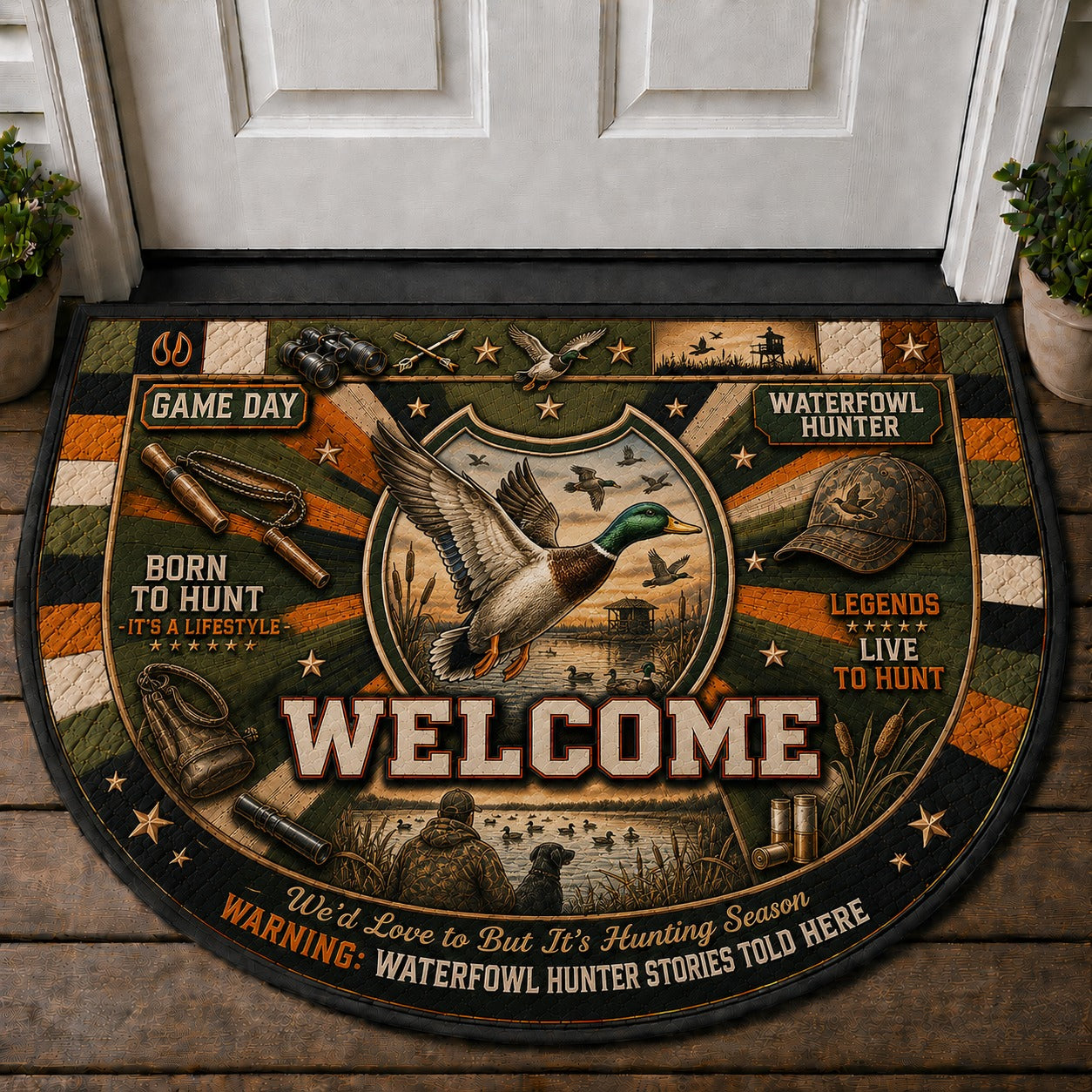 Waterfowl Hunter Outdoor Adventures Quilted Print Premium Welcome Mat – Personalized Doormat