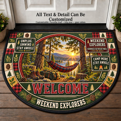 Hammock Between Pines - Weekend Explorers Personalized Half Round Mat | 5To9Vibe