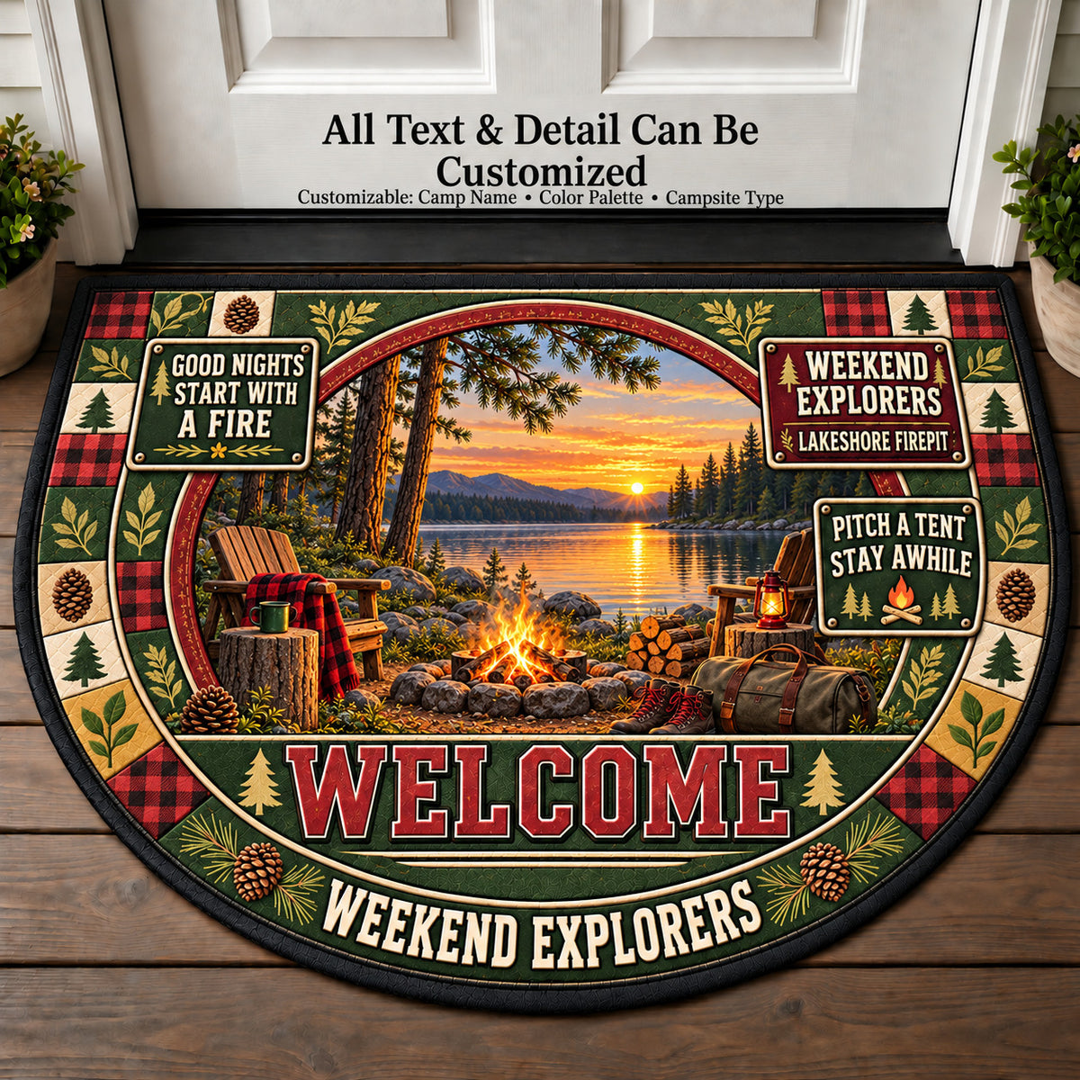 Lakeshore Firepit - Weekend Explorers Personalized Half Round Mat | 5To9Vibe