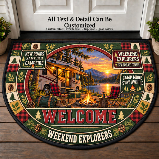 RV Road Trip - Weekend Explorers Personalized Half Round Mat | 5To9Vibe