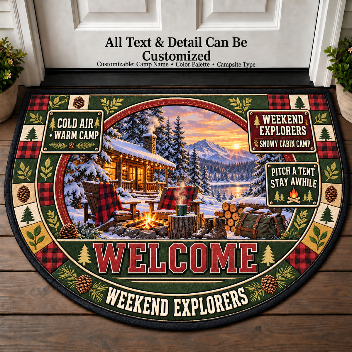 Snowy Cabin Camp - Weekend Explorers Personalized Half Round Mat | 5To9Vibe