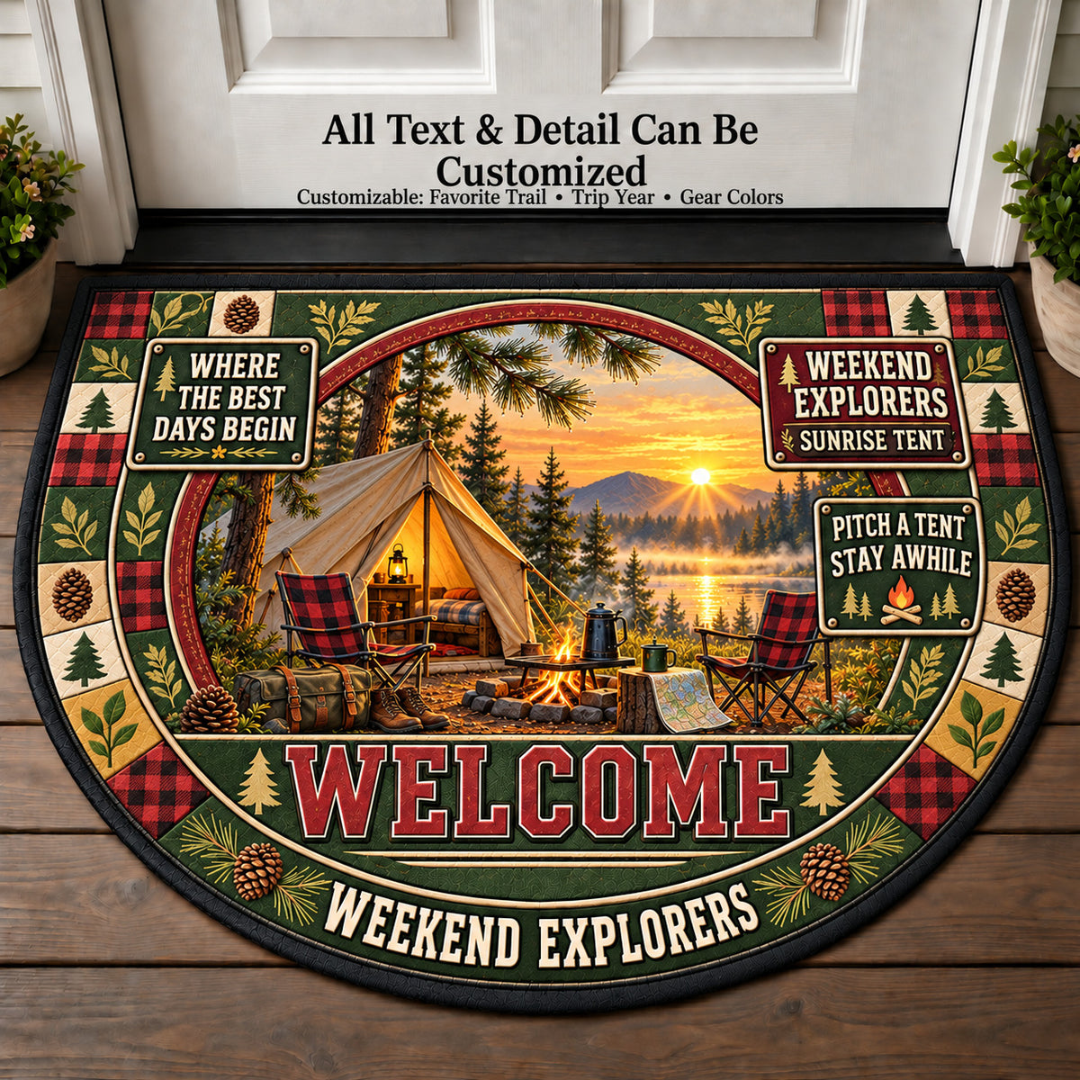 Sunrise Tent - Weekend Explorers Personalized Half Round Mat | 5To9Vibe
