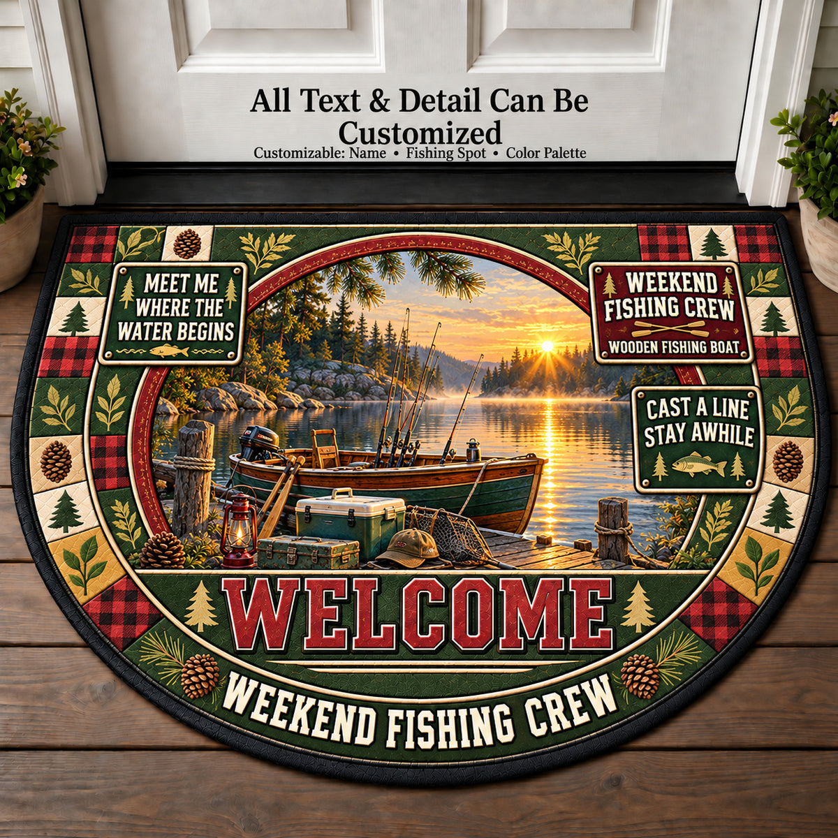 Wooden Fishing Boat - Weekend Fishing Crew Personalized Half Round Mat | 5To9Vibe