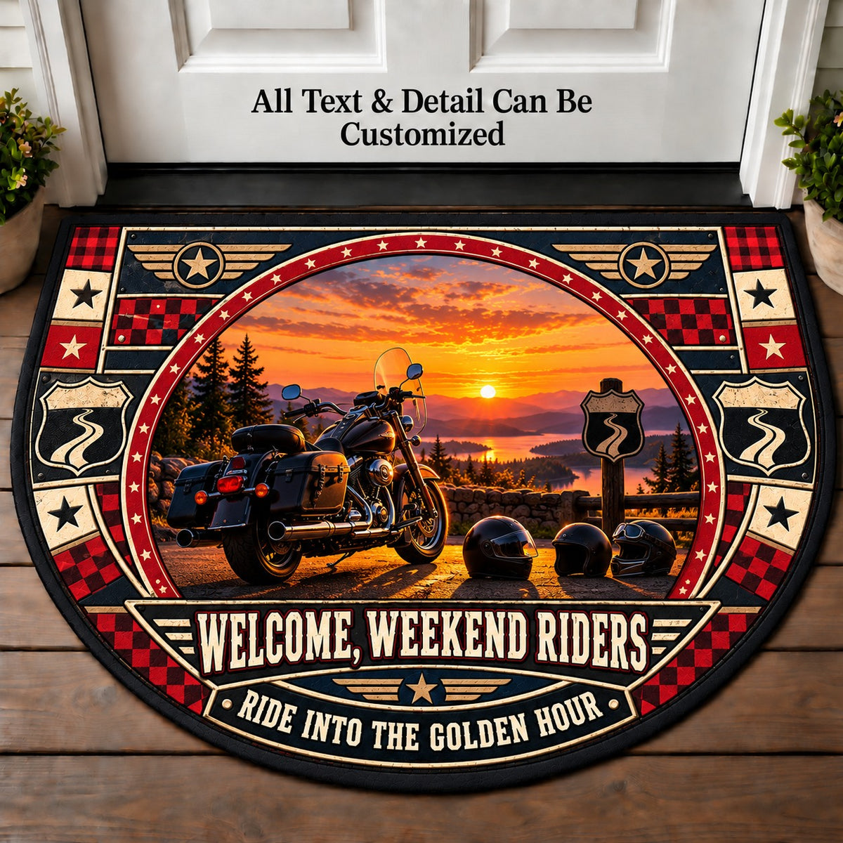 Cruiser at Dusk - Weekend Ride Crew Personalized Half Round Mat | 5To9Vibe