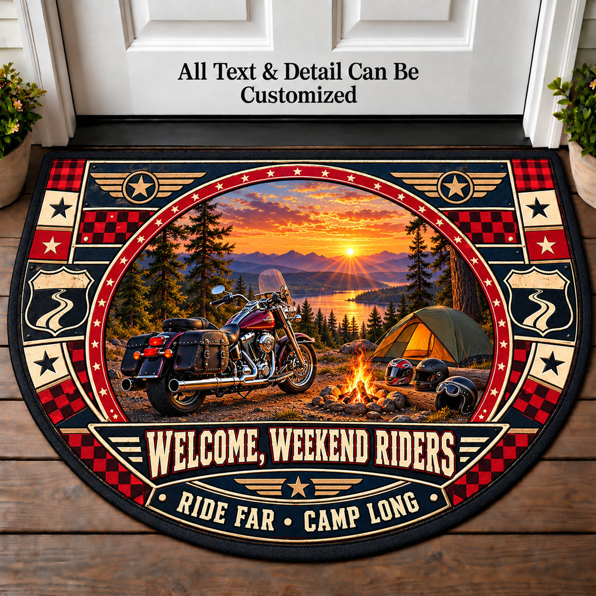 Motorcycle Campout - Weekend Ride Crew Personalized Half Round Mat | 5To9Vibe