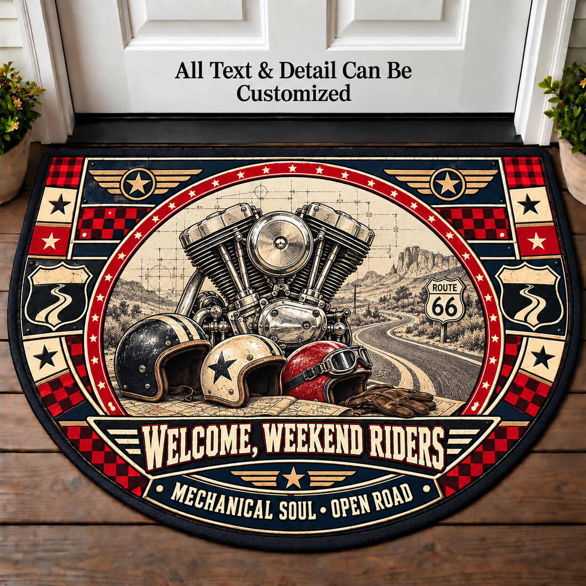 Twin Cylinder Drawing - Weekend Ride Crew Personalized Half Round Mat | 5To9Vibe