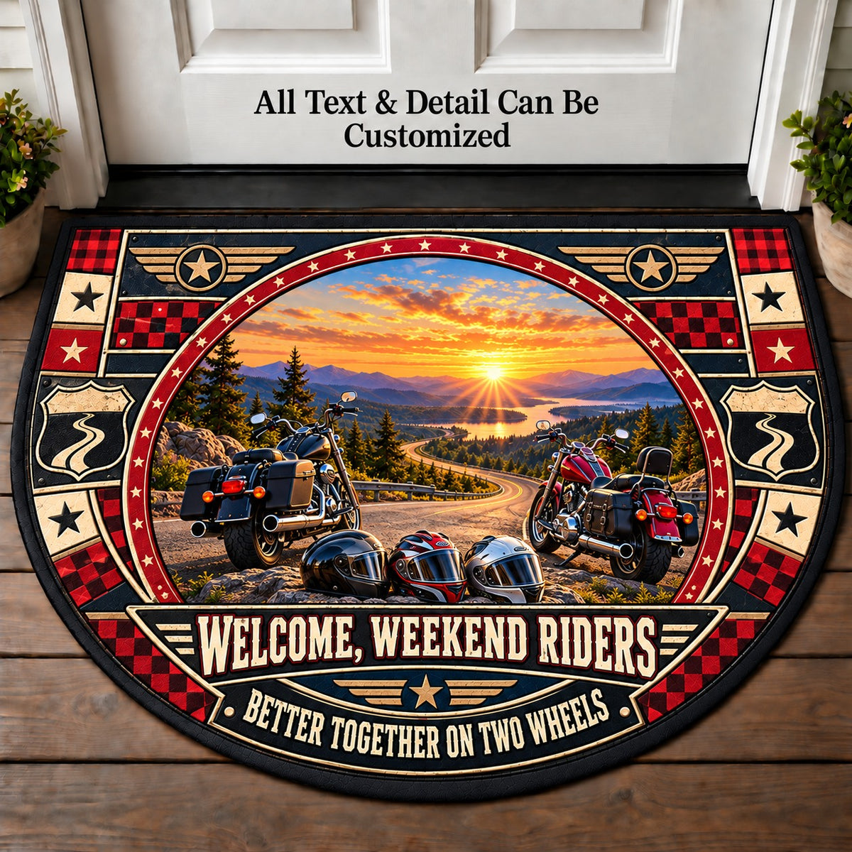 Two Helmets One Road - Weekend Ride Crew Personalized Half Round Mat | 5To9Vibe