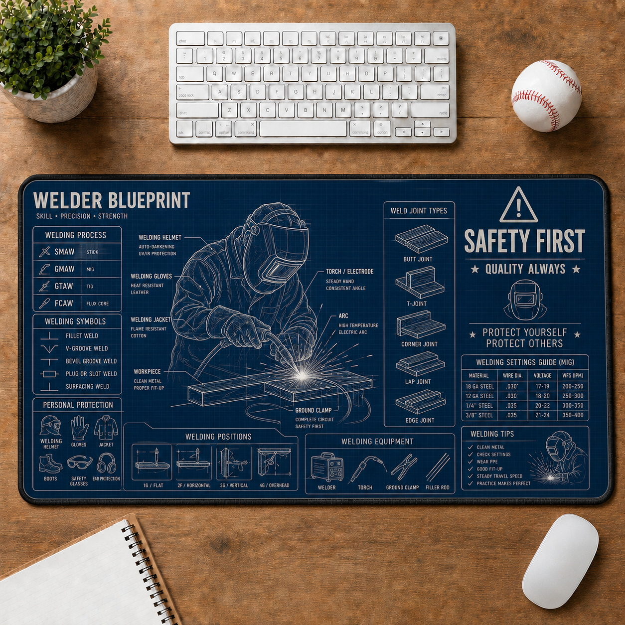 Carpenter Blueprint Large Desk Mat - Woodworking Tools & Joints Plus Size Mouse Pad - 5to9vibe