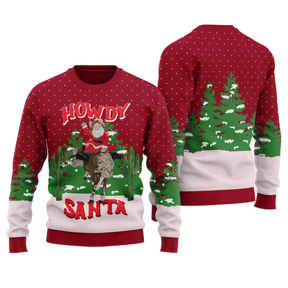 Western Cowboy Santa Ugly Christmas Sweater Cardinal Red