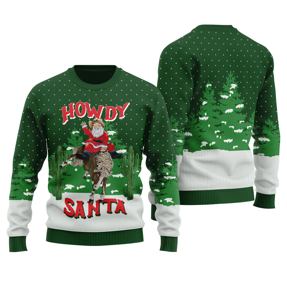 Western Cowboy Santa Ugly Christmas Sweater Forest Green