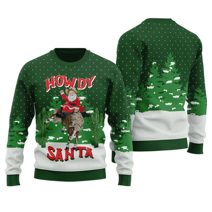 Western Cowboy Santa Ugly Christmas Sweater Forest Green