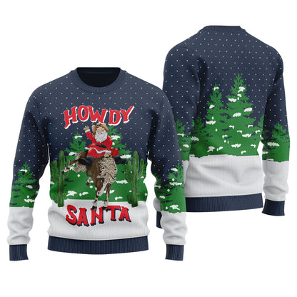Western Cowboy Santa Ugly Christmas Sweater Navy