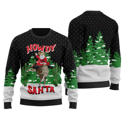 Western Cowboy Santa Ugly Christmas Sweater Black