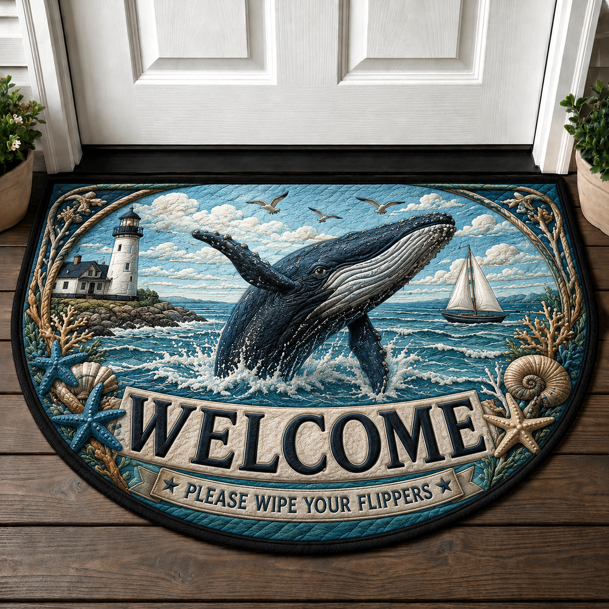 Wipe Your Flippers Whale Welcome Mat - Coastal Lighthouse & Ocean Doormat - 5to9vibe