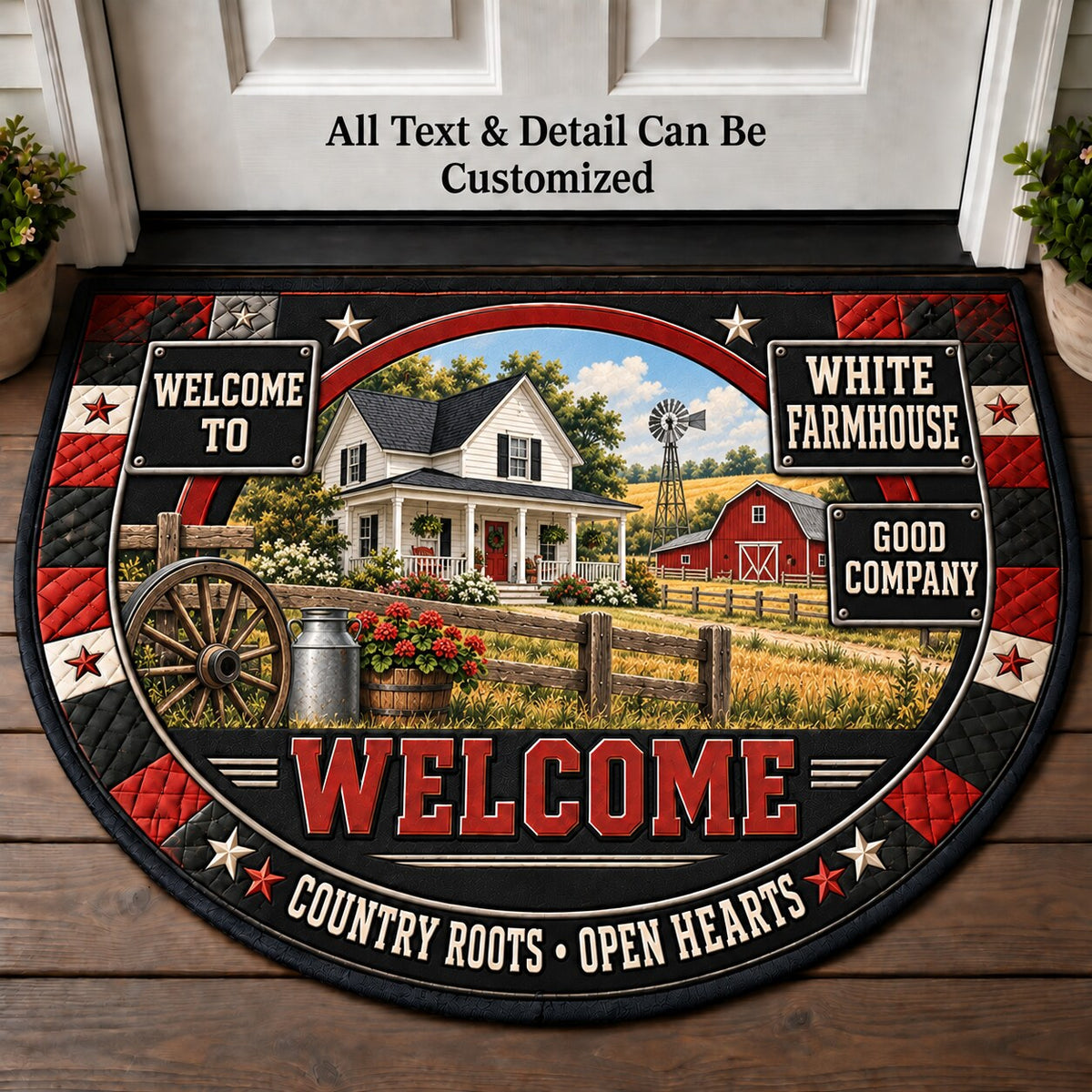 White Farmhouse Personalized Half Round Mat | 5To9Vibe