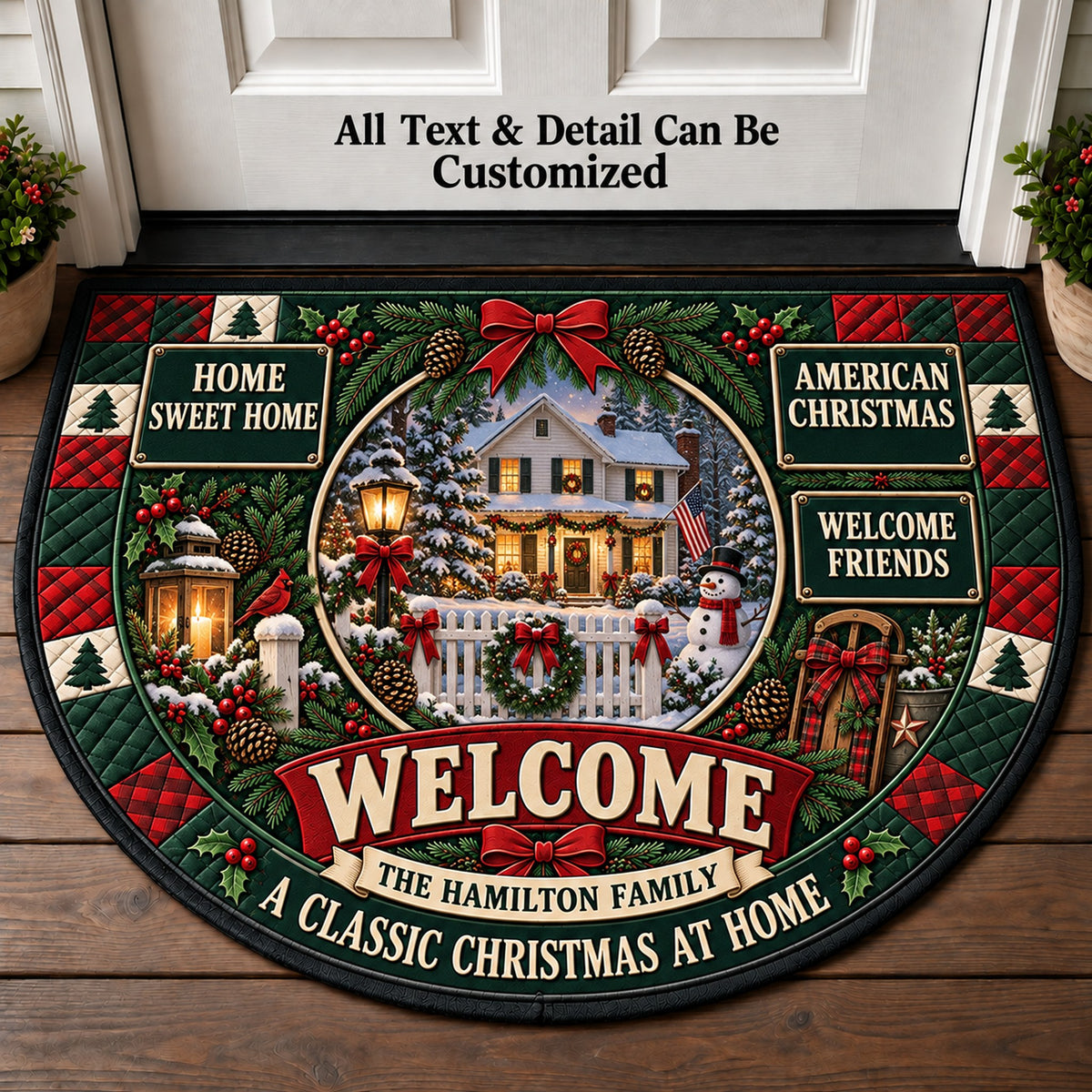 White Picket Fence Christmas Personalized Half Round Mat | 5To9Vibe