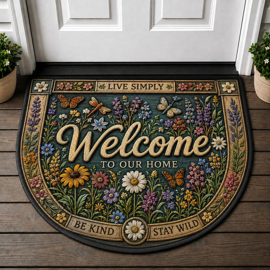 Welcome To Our Home Welcome Mat - Wildflower Butterfly Chickadee Botanical Rug - 5to9vibe
