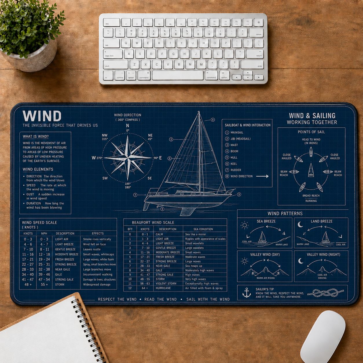Sailing Wind Hobby Knowledge Blueprint Guide Desk Mat | 5To9Vibe