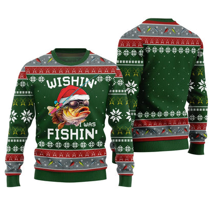 Wishing I Was Fishin Ugly Christmas Sweater