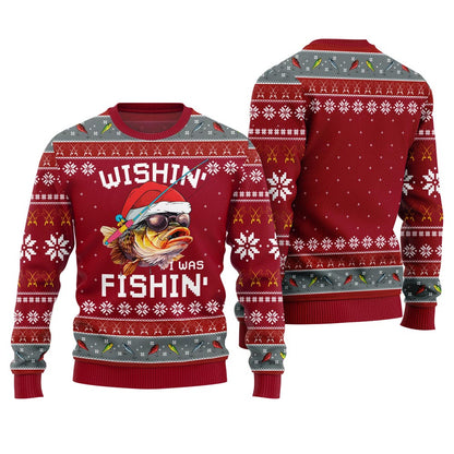 Wishing I Was Fishin Ugly Christmas Sweater