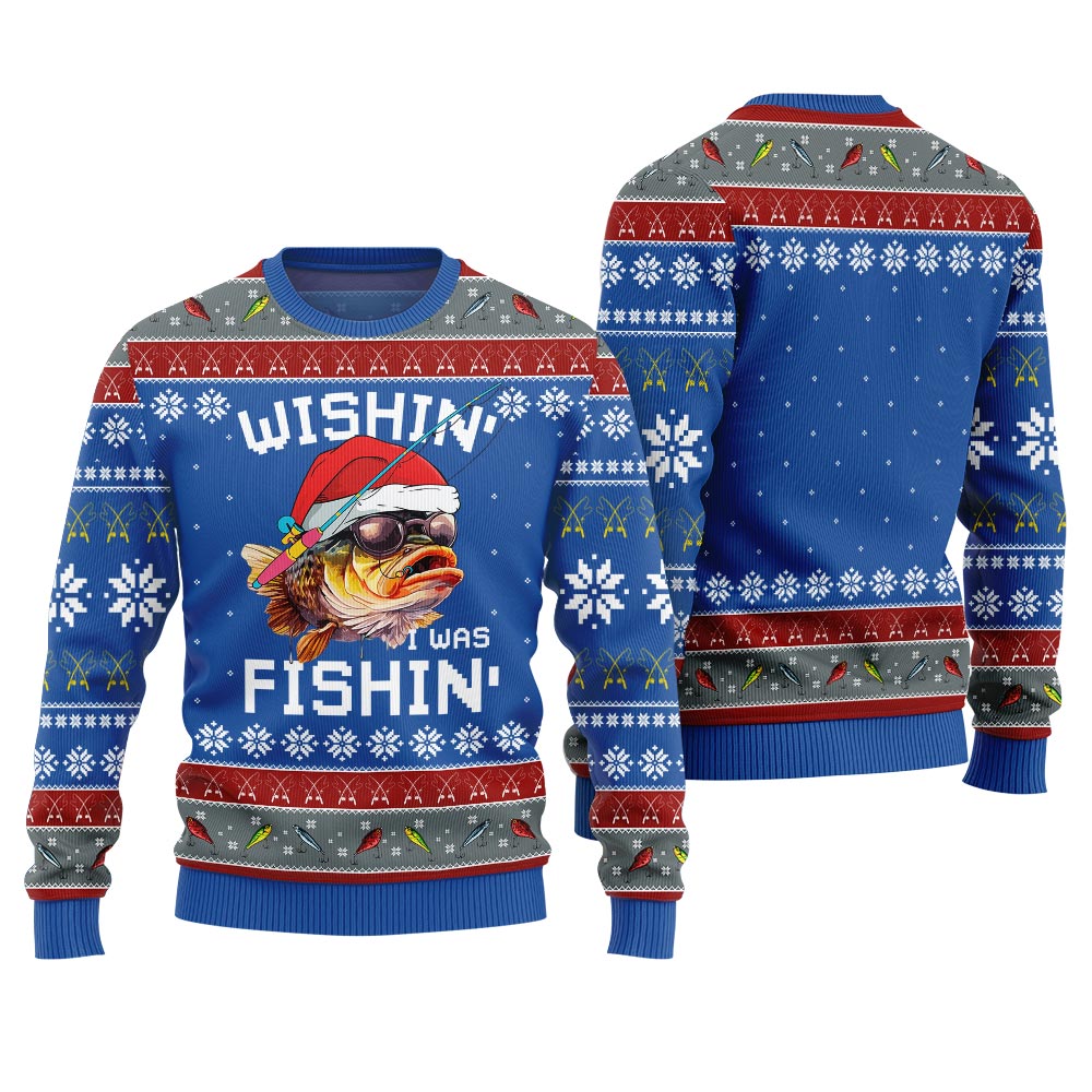 Wishing I Was Fishin Ugly Christmas Sweater