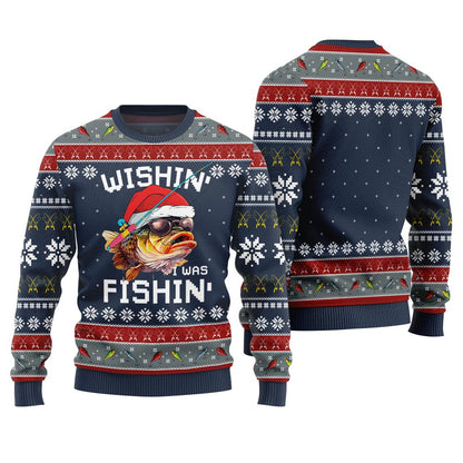 Wishing I Was Fishin Ugly Christmas Sweater