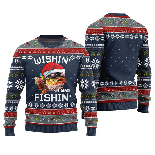 Wishing I Was Fishin Ugly Christmas Sweater