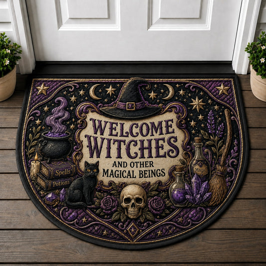 Welcome Witches And Other Magical Beings Welcome Mat - Witchy Decor Black Cat Spellbook Rug - 5to9vibe