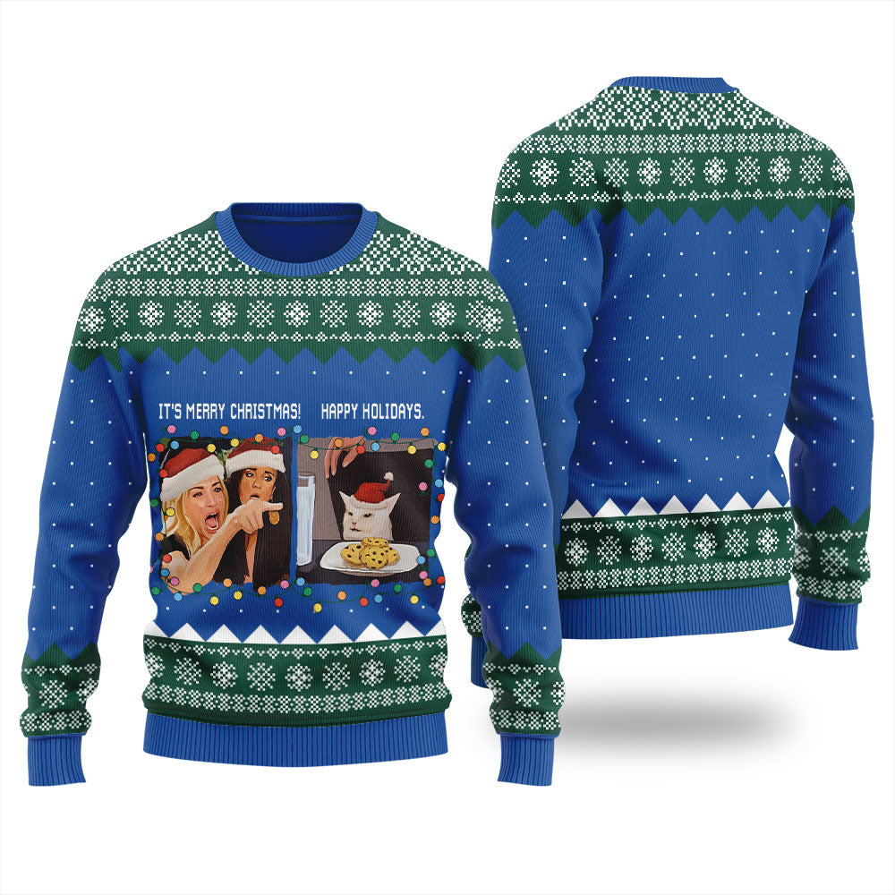 Funny Woman Yelling At A Cat Meme Women's Ugly Sweater