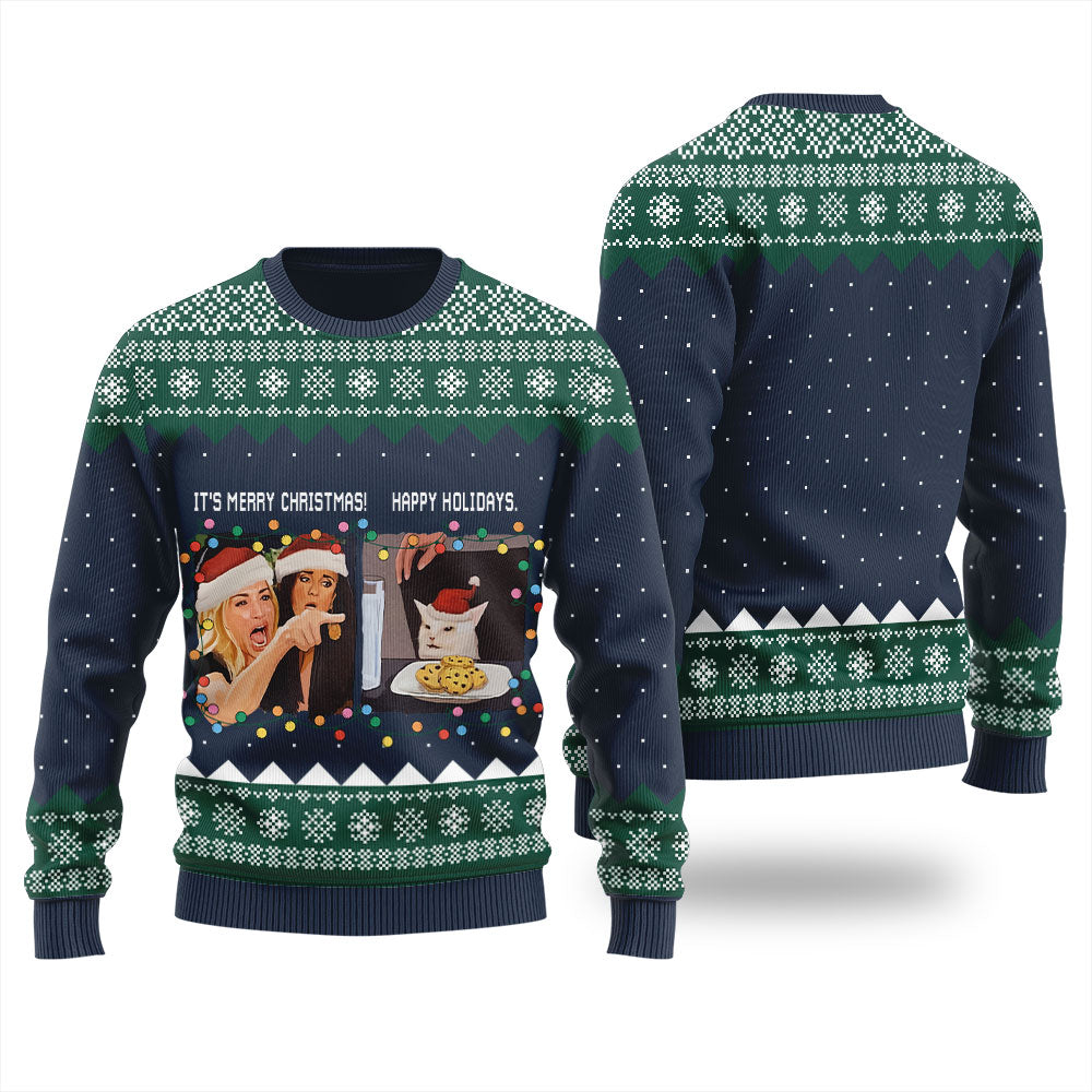 Funny Woman Yelling At A Cat Meme Men's Ugly Sweater
