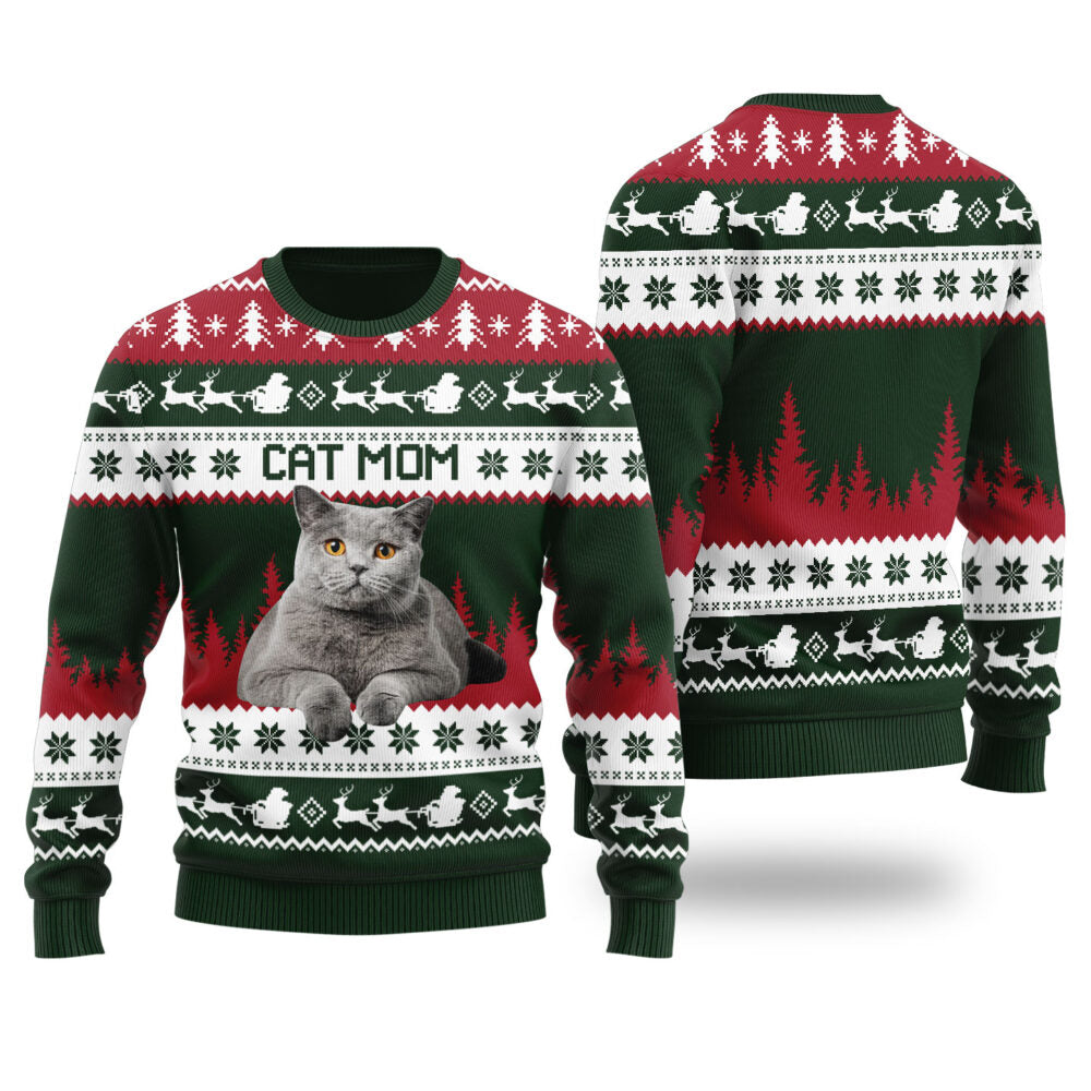 Womens Cat Mom Custom Ugly Christmas Sweater Forest Green - Funny Ugly Christmas Sweater