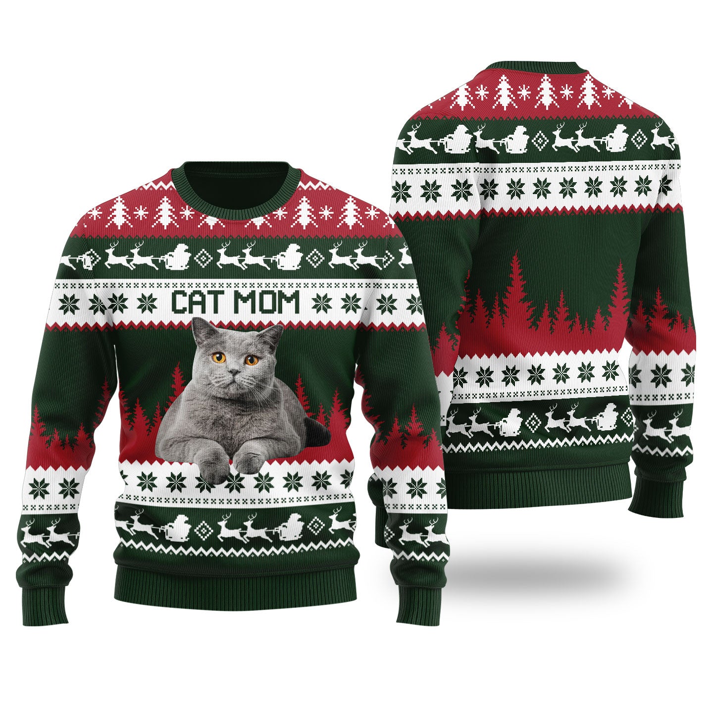 Womens Cat Mom Custom Ugly Christmas Sweater Forest Green - Funny Ugly Christmas Sweater