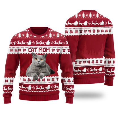 Womens Cat Mom Custom Ugly Christmas Sweater Cardinal Red - Funny Ugly Christmas Sweater