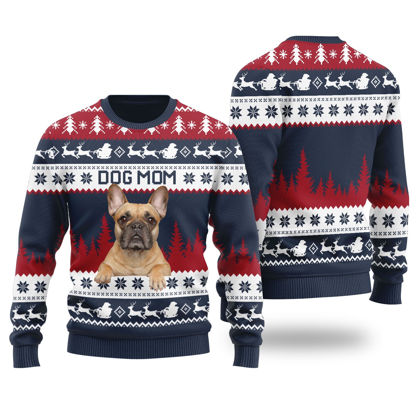 Womens Dog Mom Custom Ugly Christmas Sweater Navy - Funny Ugly Christmas Sweater