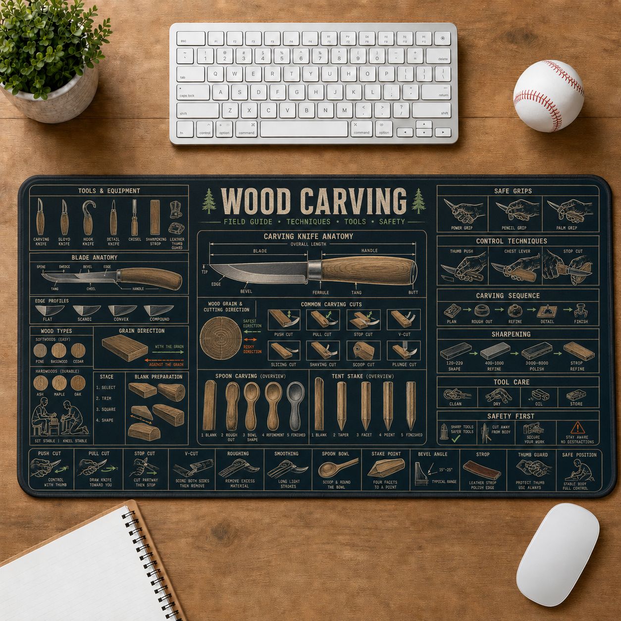 Wood Carving Outdoor Skills Field Guide Desk Mat | 5To9Vibe