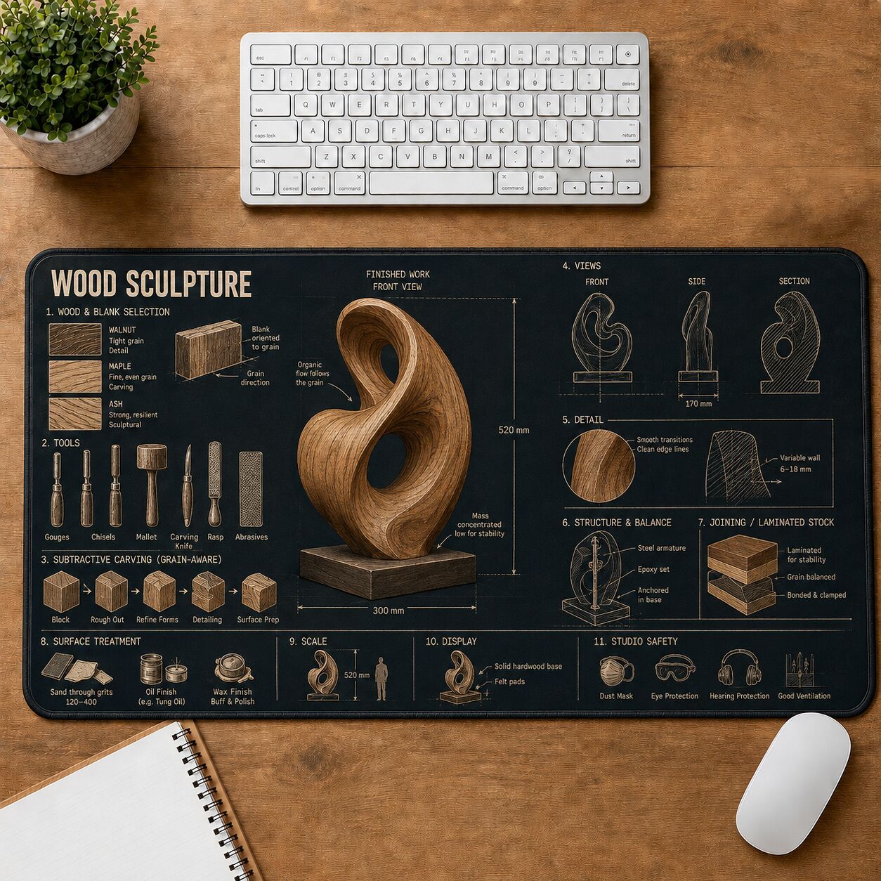 Wood Sculpture Creative Reference Guide Desk Mat | 5To9Vibe