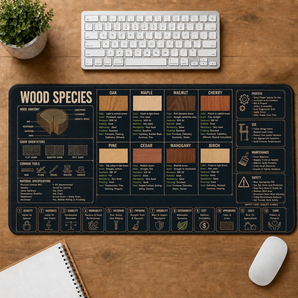 Wood Species Home and Workshop Technical Guide Desk Mat | 5To9Vibe
