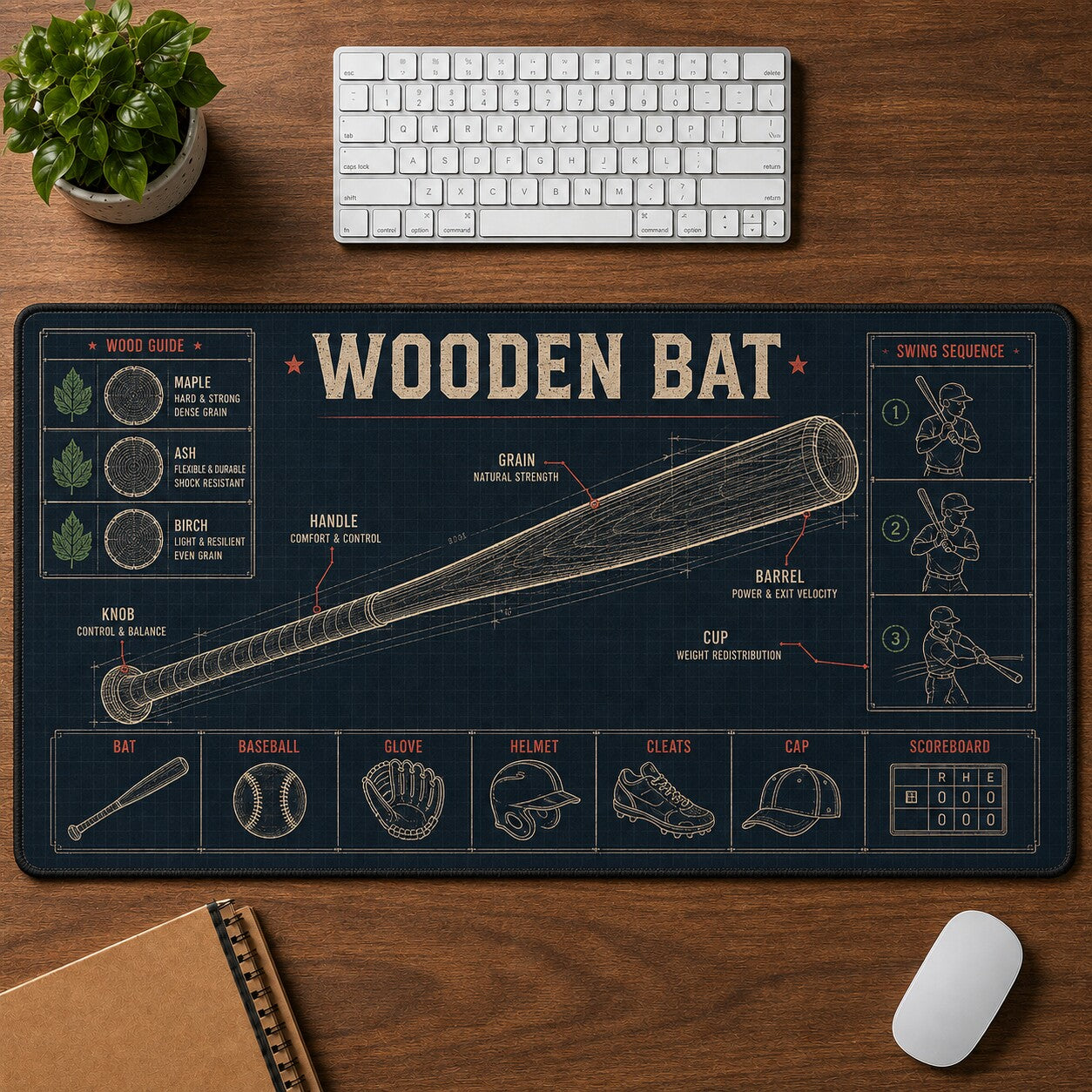 Wooden Bat Baseball Blueprint Desk Mat | 5To9Vibe