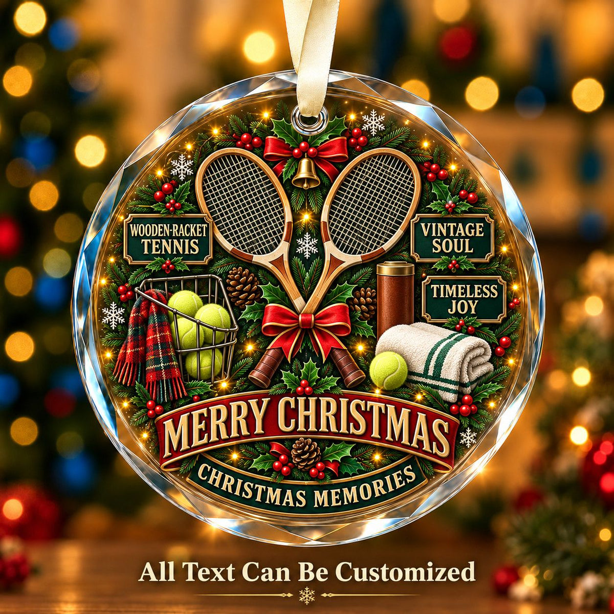Wooden-Racket Tennis Personalized Glass Ornament | 5To9Vibe